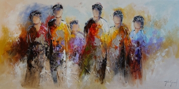 Zes abstracte figuren in levendige tinten van rood, geel en blauw, omringd door een zachte, wazige achtergrond.