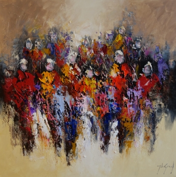 Drie abstracte figuren in levendige tinten van oranje, rood en paars, tegen een warme achtergrond van gele en grijze tonen.