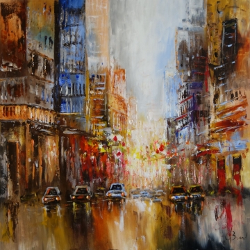 Drukke straat met kleurrijke gebouwen en mensen in levendige kleding, omringd door bloemen en parasols in warme tinten.