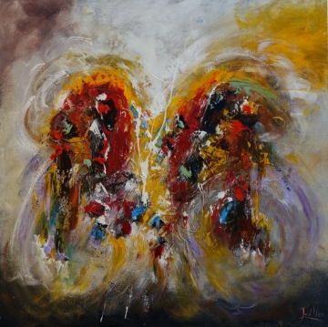 Abstract schilderij met een combinatie van warme aardetinten, wit en grijs, met dynamische penseelstreken en textuur.