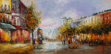 Kleurrijke straatuitzicht met mensen in levendige kleding en bomen in herfsttinten, omringd door schilderachtige gebouwen.