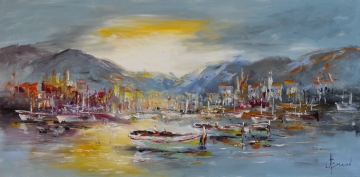 Prachtig schilderij van een serene stad met een stenen brug, kleurrijke gebouwen en een rustige reflectie in het water.