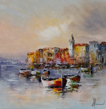 Kleurrijk schilderij van een levendige straat met mensen in traditionele kleding, omringd door bloemen en marktkramen.