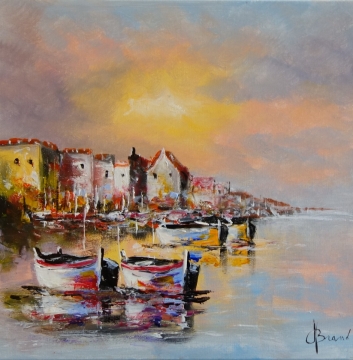 Drukke stadscène met kleurrijke figuren in levendige kleding, omringd door abstracte gebouwen en een zachte lucht.