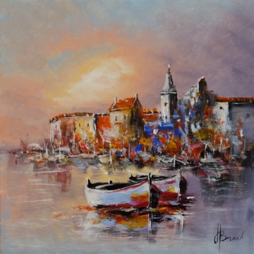 Drukke stadscène met kleurrijke figuren in levendige kleding, omringd door abstracte gebouwen en een zachte lucht.