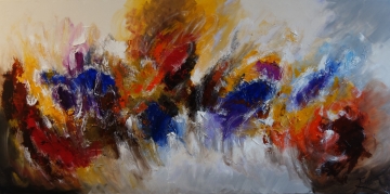 Abstract schilderij met levendige kleuren zoals rood, oranje en geel, gemengd met subtiele neutrale tinten en textuur.