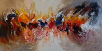 Abstracte schilderij met levendige tinten rood, oranje, geel en paars, gemengd met dynamische penseelstreken op een lichte achtergrond.