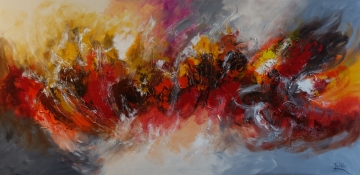 Kleurrijke abstracte schilderij met levendige oranje, rode en gele vlekken op een lichte achtergrond, met dynamische penseelstreken.