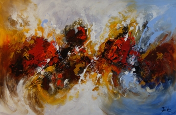 Kleurvolle abstracte schildering met vurige rode en oranje vlekken, aangevuld met tinten bruin en wit, op een zachte grijze achtergrond.