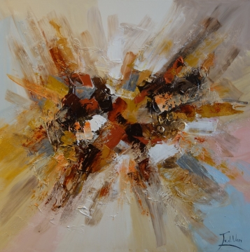 Abstract schilderij met levendige kleuren zoals geel, rood en zwart, waarbij dynamische penseelstreken en textuur samenkomen.