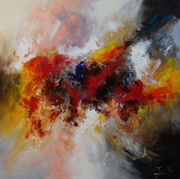 Abstracte kunst met dominante rode en gele kleuren, gemengd met blauw en wit, in een dynamische, vloeiende compositie.