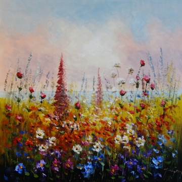 Schilderij bloemenveld 100x100