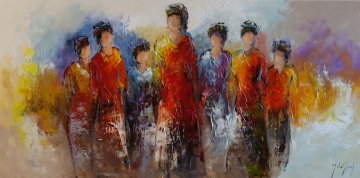 Zes abstracte figuren in levendige kleuren, waaronder rood, oranje en geel, met vage gezichten, tegen een neutrale achtergrond.