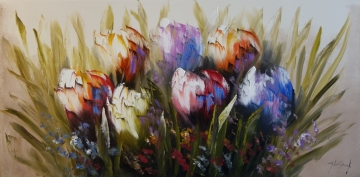 Kleurvolle tulpen in oranje, paars en wit, omringd door groene bladeren en delicate bloemen, stijlvol weergegeven met een verfijnde textuur.