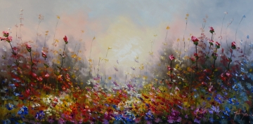 Schilderij bloemenveld 70x140