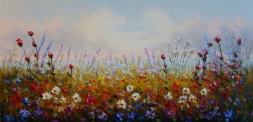 Schilderij bloemenveld 70x140