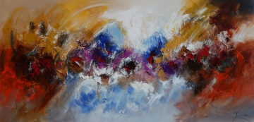 Kleurrijke abstracte schildering met vurige tinten van oranje en rood, tegen een zachte blauwe en grijze achtergrond.