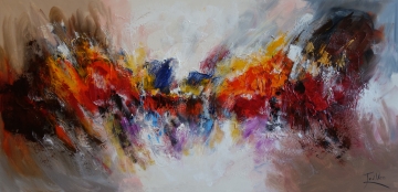 Krachtige abstracte schilderij met levendige kleuren zoals rood, geel en blauw, met dynamische penseelstreken en textuur.