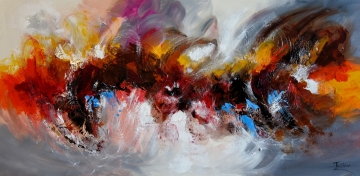 Abstract schilderij met levendige oranje, rode en paarse tonen, samengevoegd in vloeiende, dynamische penseelstreken op een lichte achtergrond.