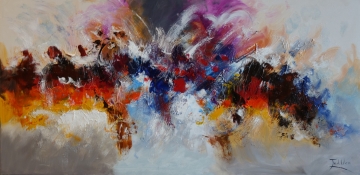 Abstracte schilderij met levendige kleuren zoals rood, blauw en goud, met dynamische penseelstreken op een lichte achtergrond.