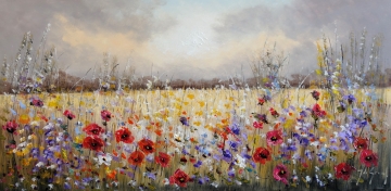 Schilderij kleurrijk bloemenveld 70x140