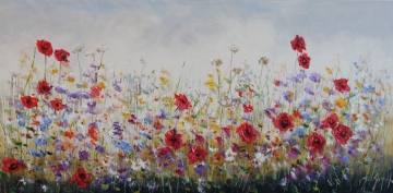 Schilderij kleurrijk bloemenveld 70x140