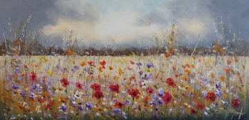 Schilderij kleurrijk bloemenveld 70x140