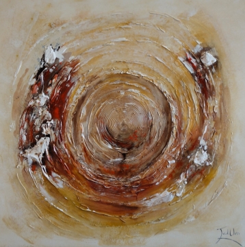 Abstracte schildering met grijze, gele en oranje tinten, verweven in dynamische penseelstreken en textuur.