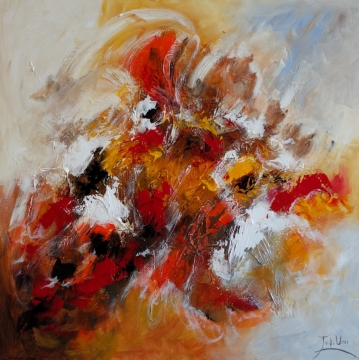 Kleurrijk abstract schilderij met vurige rode, gele en zwarte vleechen op een neutrale achtergrond, leve compositie en bewegend lijnenspel.