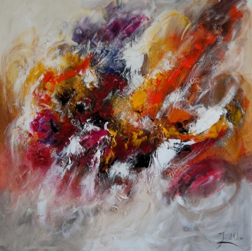 Abstract schilderij met vurige rode, oranje en gele tonen, omringd door zachte witte en zwarte accenten, dynamische penseelstreken.