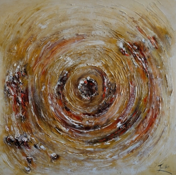 Abstracte schildering met levendige rode en oranje tinten, vermengd met grijs en witte accenten, die dynamiek en energie uitstralen.