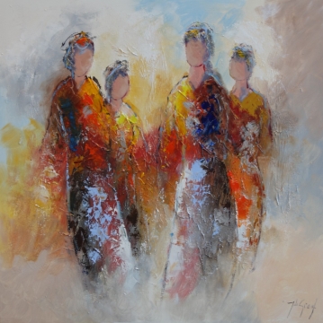 Vijf figuren in levendige, abstracte kleuren, gekleed in oranje, rood en geel, tegen een zachte, lichte achtergrond.