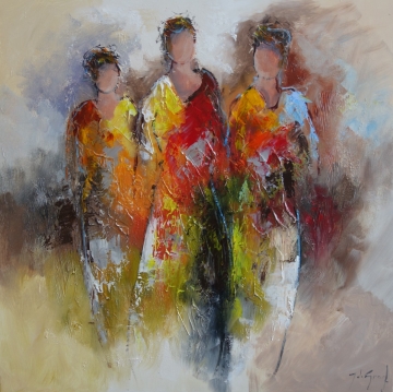 Drie abstracte figuren in oranje, groen en bruin, omringd door een vage achtergrond van lichte en donkere tinten.