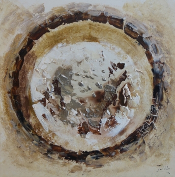 Abstracte verfwork, levendige kleuren zoals blauw, rood en goud, dynamische penseelstreken en een expressieve compositie.