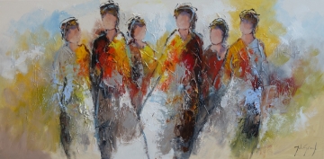 Vijf abstracte figuren in levendige kleuren, zoals oranje, geel en paars, met een dynamische, verwarmende achtergrond van verf.