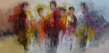 Vijf abstracte figuren in levendige oranje en rode kleuren, op een achtergrond van warme gele en aardetinten.