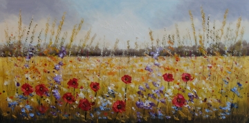 Schilderij kleurrijk bloemenveld 70x140