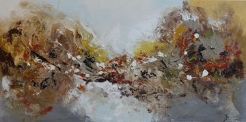 Abstracte kunst met dynamische penseelstreken in aardetinten, rood en oranje, tegen een zachte beige achtergrond.