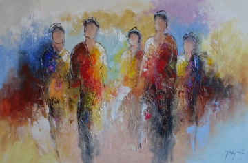 Zes abstracte figuren in warme rood-, oranje- en gele tinten, tegen een kleurrijke, dynamische achtergrond.