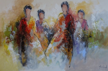 Vijf abstracte figuren in levendige tinten van geel, oranje en rood, tegen een zachte, lichte achtergrond.