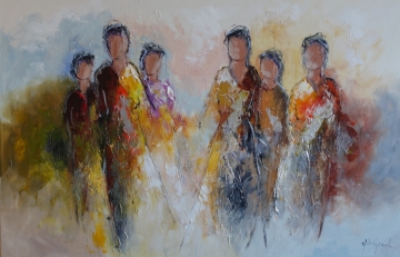 Zes abstracte figuren in levendige tinten van rood, oranje, geel en blauw, omringd door een warme, gelaagde achtergrond.