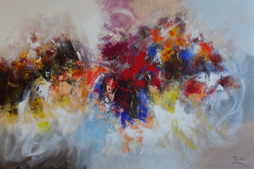 Abstract schilderij met opzwepende rode, gouden en witte vlekken op een lichte achtergrond, met dynamische penseelstreken.