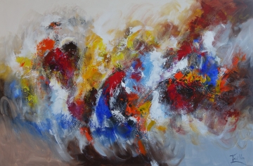 Abstract schilderij met dynamische rode en zwarte vlekken, omlijst door zachte beige en grijze tinten, met textuur en beweging.