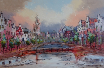 Schilderij stadsgezicht gracht 100x150