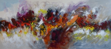 Een kleurrijke abstracte schildering met felle tinten rood, geel, blauw en paars, met dynamische penseelstreken en een vloeiende compositie.