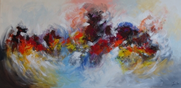 Kleurrijke abstracte bloemmotieven in warme tinten zoals rood, geel en paars op een neutrale achtergrond.