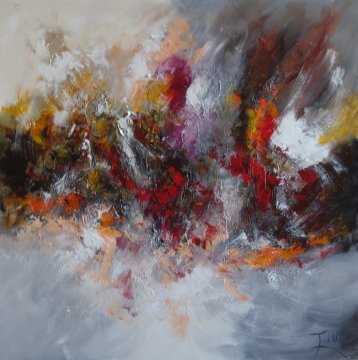 Abstract schilderij met vurige rode, oranje en gele tonen, omringd door zachte witte en zwarte accenten, dynamische penseelstreken.