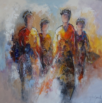 Drie abstracte figuren in levendige tinten van oranje, rood en paars, tegen een warme achtergrond van gele en grijze tonen.