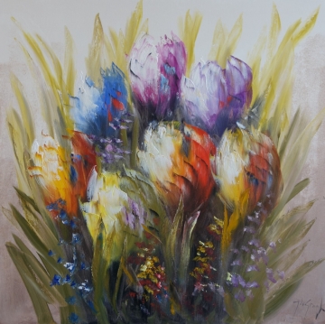 Vibrante, abstracte tulpen in diverse kleuren zoals blauw, rood, geel en wit, met dynamische penseelstreken op een warme achtergrond.