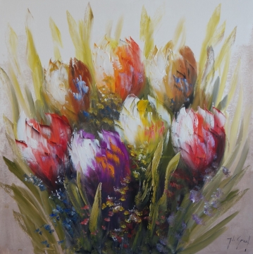 Kleurige tulpen in felrood, oranje, paars en wit, omgeven door groene bladeren en kleine bloemen, met dynamische penseelstreken.